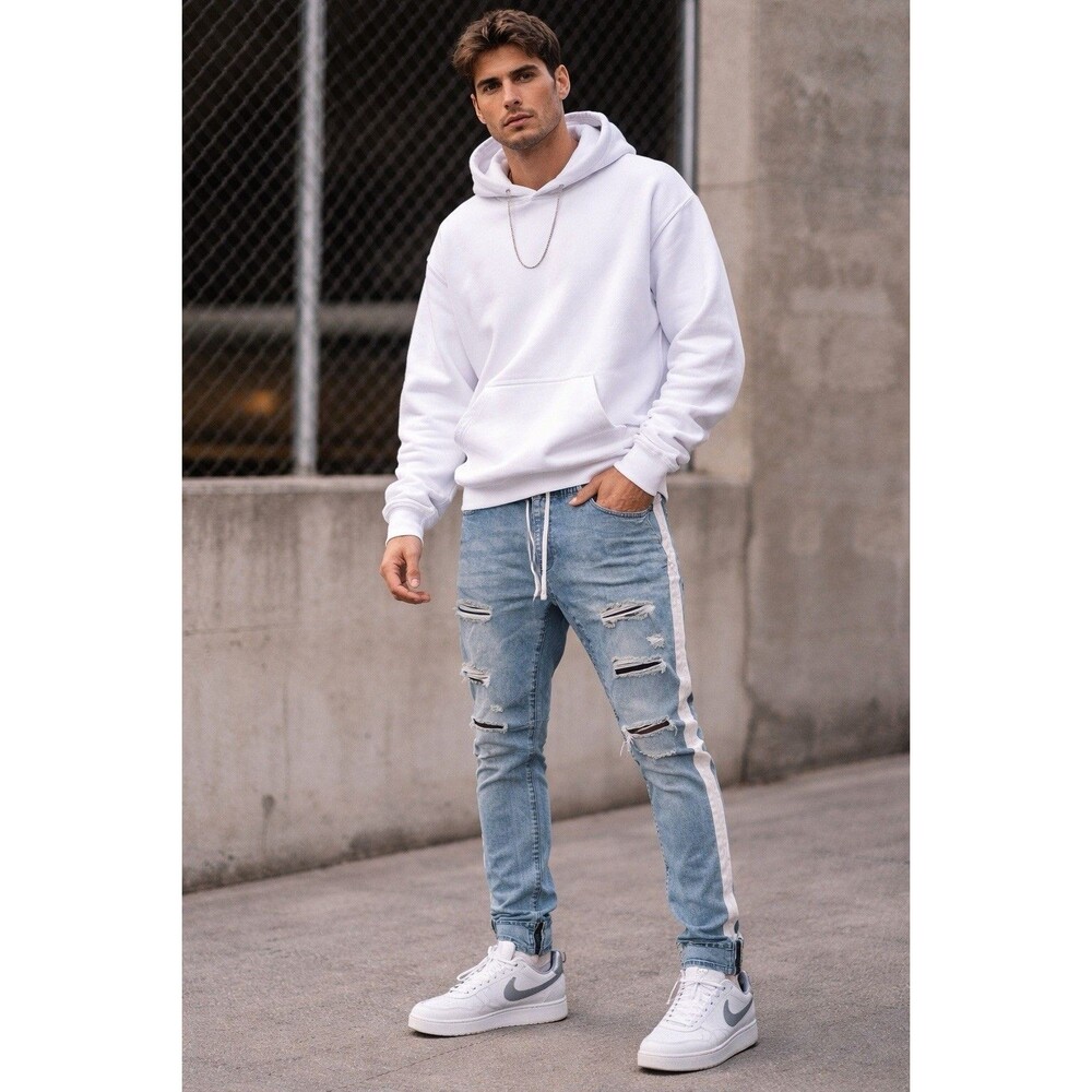 PacSun Distressed Drawstring Jogger Jeans Side Stripe Zip Hem XL Urban Y2K